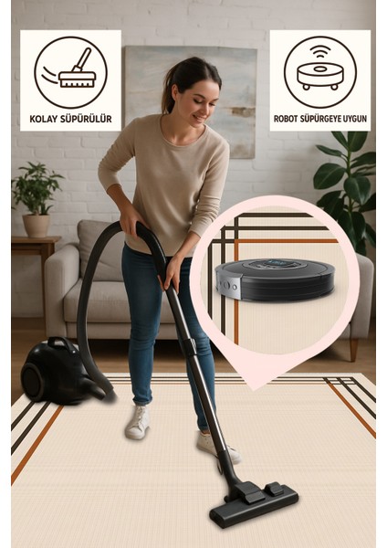 Lofy Halı Çift Çizgili Krem Kahve Yıkanabilir Modern Halı 160X230 cm modelleri