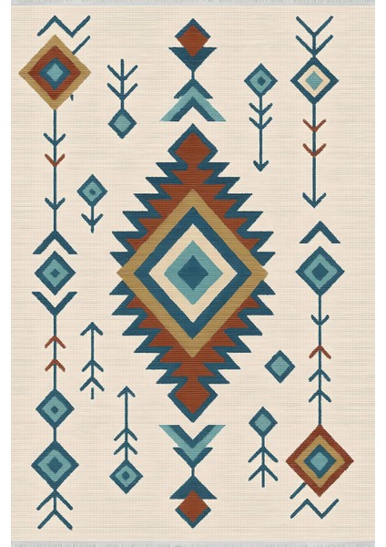 Lofy Halı Krem Zeminli Geometrik Etnik Desen Halı 160X230 Yıkanabilir