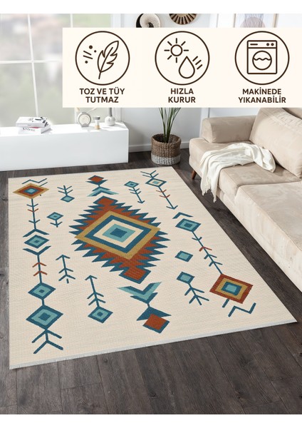 Lofy Halı Krem Zeminli Geometrik Etnik Desen Halı 160X230 Yıkanabilir modelleri