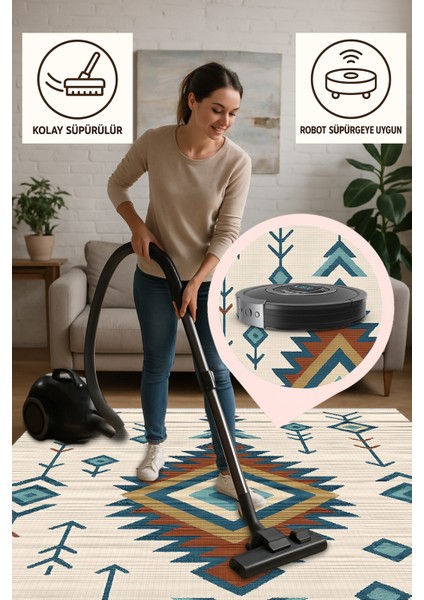 Lofy Halı Krem Zeminli Geometrik Etnik Desen Halı 160X230 Yıkanabilir fırsatları