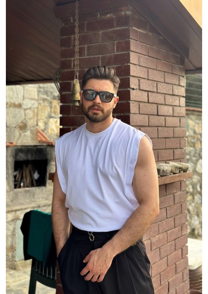 Erkek Beyaz Basketci Sıfır Kol Bisiklet Yaka Oversıze Kolsuz Kejıl T-Shirt fiyatları