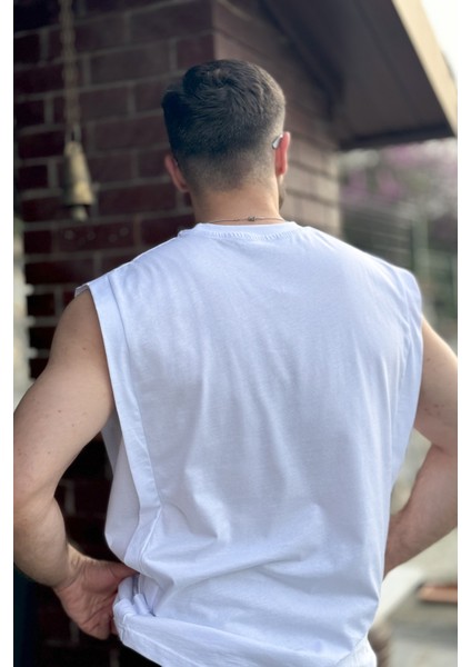 Erkek Beyaz Basketci Sıfır Kol Bisiklet Yaka Oversıze Kolsuz Kejıl T-Shirt modelleri