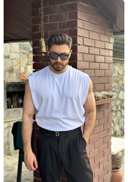 Erkek Beyaz Basketci Sıfır Kol Bisiklet Yaka Oversıze Kolsuz Kejıl T-Shirt indirimleri