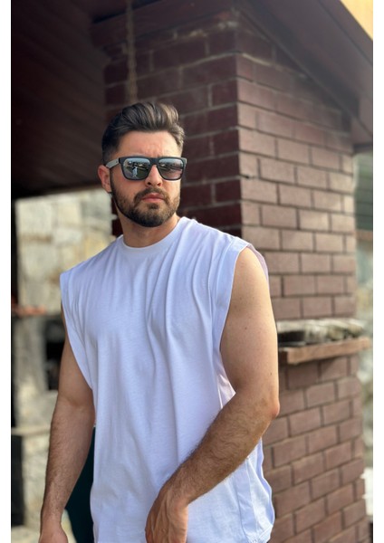 Erkek Beyaz Basketci Sıfır Kol Bisiklet Yaka Oversıze Kolsuz Kejıl T-Shirt