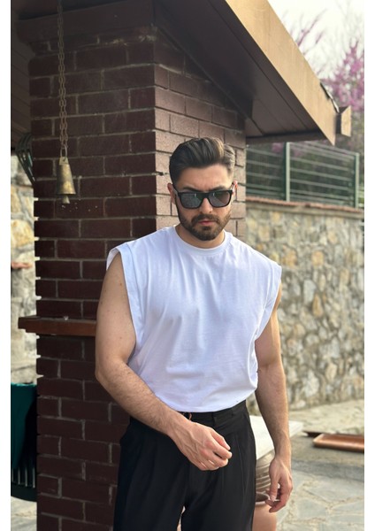 Erkek Beyaz Basketci Sıfır Kol Bisiklet Yaka Oversıze Kolsuz Kejıl T-Shirt fırsatları