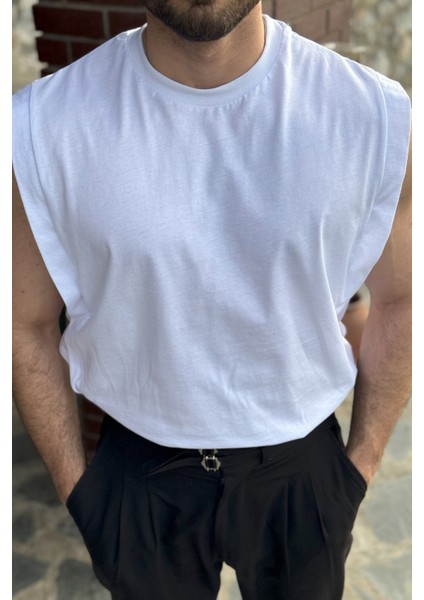 Erkek Beyaz Basketci Sıfır Kol Bisiklet Yaka Oversıze Kolsuz Kejıl T-Shirt