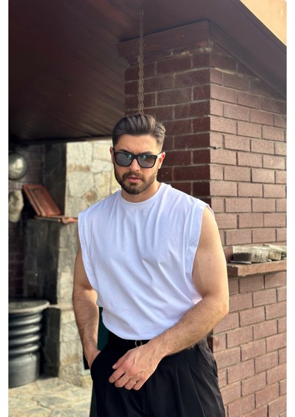 Erkek Beyaz Basketci Sıfır Kol Bisiklet Yaka Oversıze Kolsuz Kejıl T-Shirt