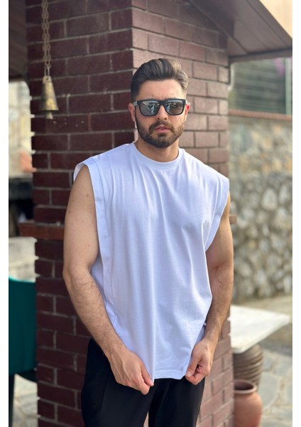 Erkek Beyaz Basketci Sıfır Kol Bisiklet Yaka Oversıze Kolsuz Kejıl T-Shirt