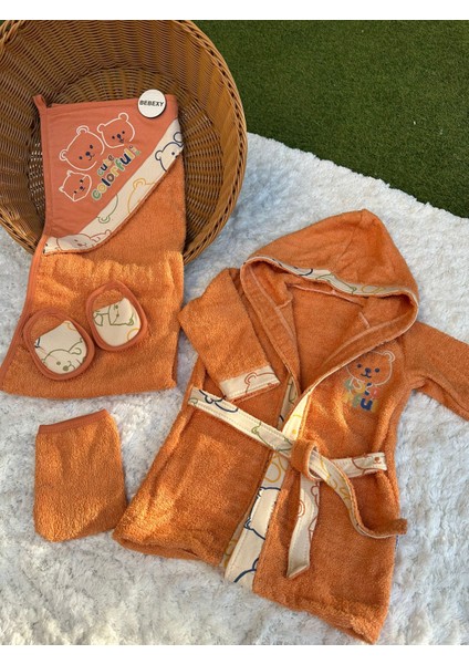 Cute Colourful Baskılı Beş Parça Havlu -Bornoz Set Turuncu
