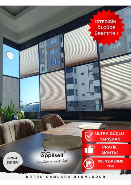 Yapışkanlı Plise Perde – Özel Ölçü, Zahmetsiz Kurulum-Sis Gri