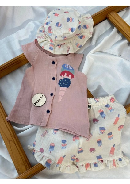 Dondurma Baskılı Şapkalı Kız Takım