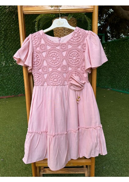 Bürümcük Gül Detaylı Elbise Pembe