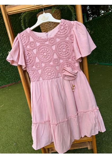 Bürümcük Gül Detaylı Elbise Pembe