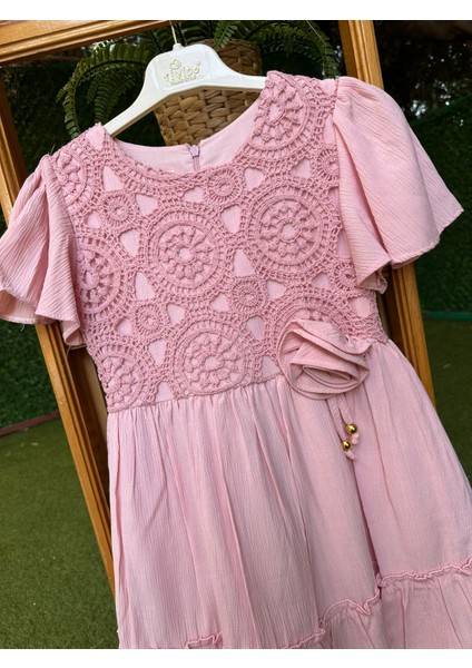 Bürümcük Gül Detaylı Elbise Pembe