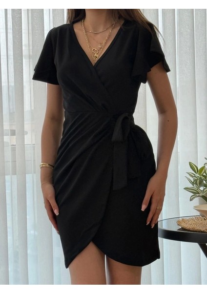 Kadın Kısa Kollu Kruvaze Yakalı Belden Bağlamalı Ithal Krep Elbise fiyatları