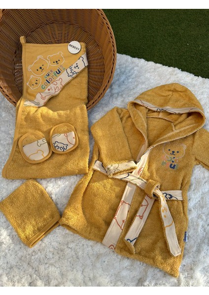 Cute Colourful Baskılı Beş Parça Havlu -Bornoz Set Sarı