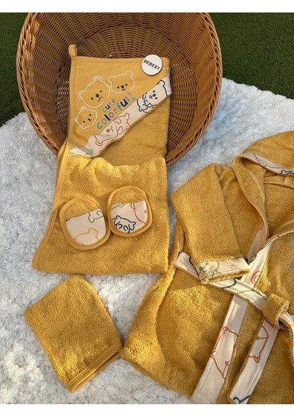 Cute Colourful Baskılı Beş Parça Havlu -Bornoz Set Sarı fiyatları