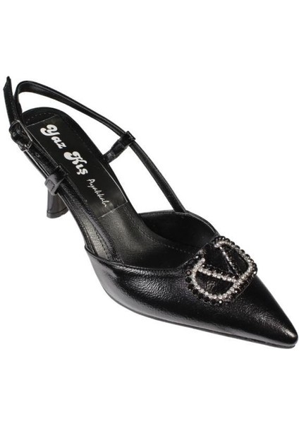 Yazkış Kadın Siyah Beyaz Rugan Üzeri V Tokalı Önü Sivri Arkası Açık 8cm Kadeh Topuk Steletto Ayakkab