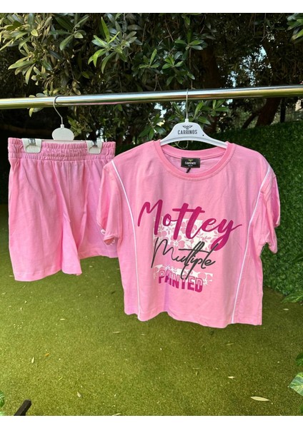 Mottey Baskılı Şortlu Takım Pembe