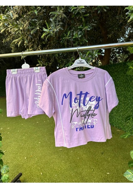 Mottey Baskılı Şortlu Takım Mor