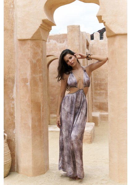 Gralorid Boyundan Bağcık Detaylı Kahve Uzun Elbise