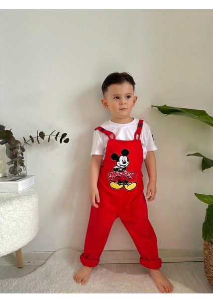 Mickey Baskılı Tişörtlü Tulum & Salopet Kırmızı