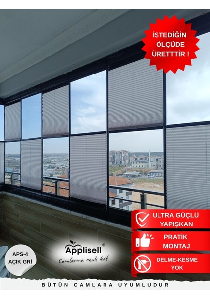 Cam Balkon Perdesi – Yapışkanlı Plise Perde | Kolay montaj-Açık Gri