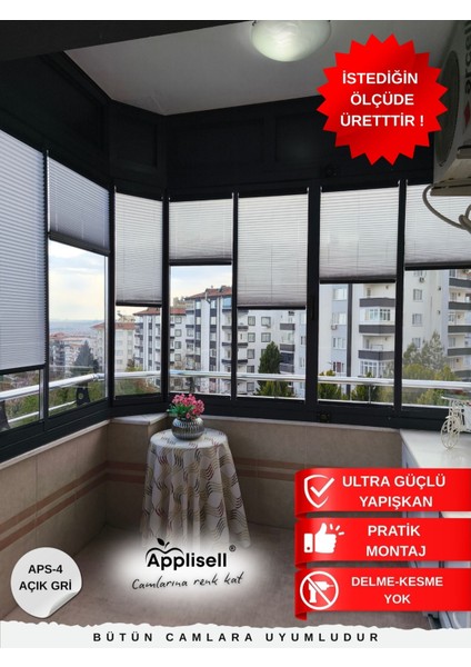 Cam Balkon Perdesi – Yapışkanlı Plise Perde | Kolay montaj-Açık Gri