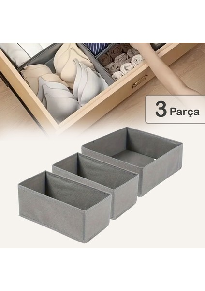 3'lü Gri Çekmece Içi Düzenleyici Organizer Set - Çok Amaçlı Dolap Içi Kutu Seti