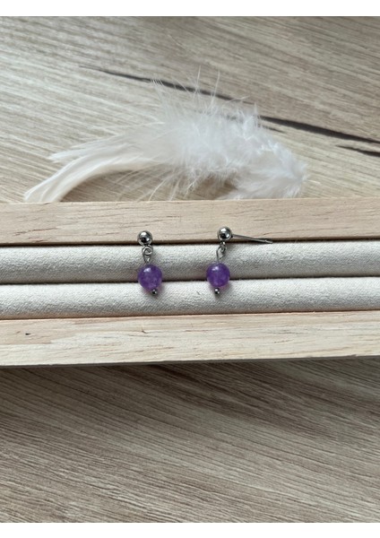 Ametist Taşı Gümüş Renk Çelik Top Küpe