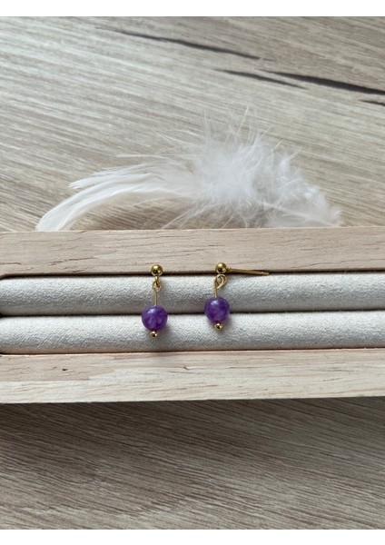 Ametist Taşı Altın Renk Çelik Top Küpe