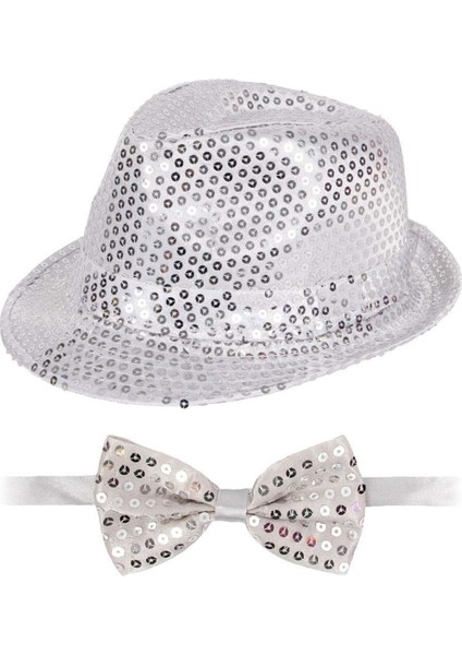 Gümüş Payetli Şapka ve Papyon Seti – Parıltılı Yetişkin Kostüm Seti fiyatları