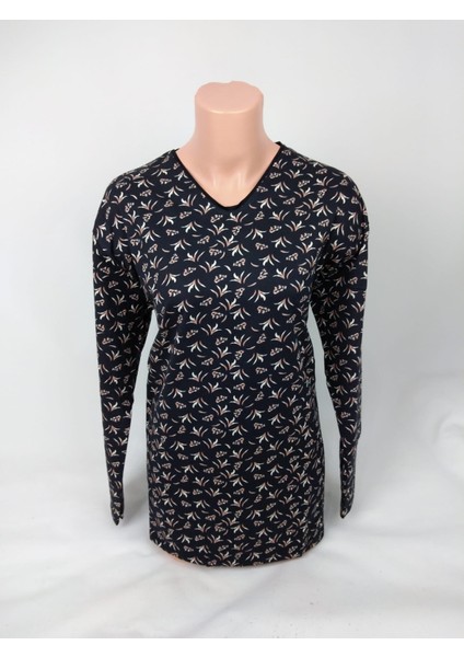 Kadın Siyah Kahverengi U Yaka Uzun Kollu Desenli Yırtmaçlı Dokuma Viskon Anne Penye Tişört