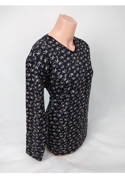 Kadın Siyah Kahverengi U Yaka Uzun Kollu Desenli Yırtmaçlı Dokuma Viskon Anne Penye Tişört fiyatları