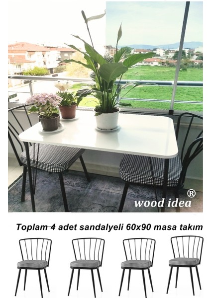 Wood Idea 60X90 Metal Ayaklı 4 Sandalyeli Yemek, Balkon ve Mutfak Masa Takımı