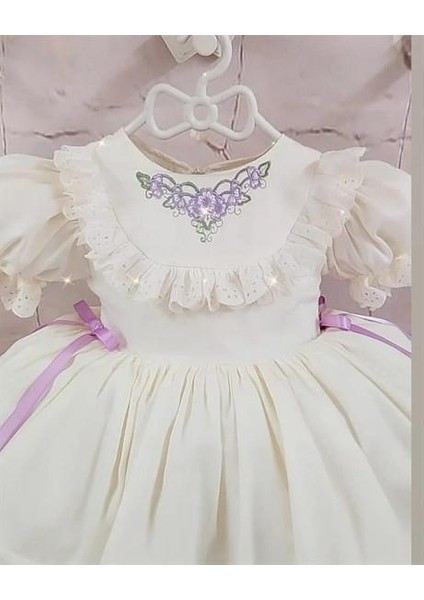 Krem Lila Kurdaleli Vintage Kız Bebek Elbisesi, Özel Dikim 0-7 Yaşa Uygun