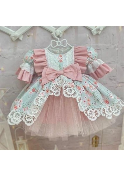 Somon Mint Çiçekli Vintage Kız Bebek Elbisesi, Özel Dikim modelleri