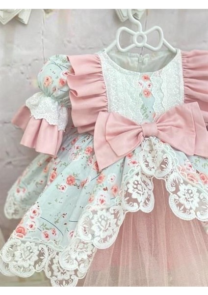 Somon Mint Çiçekli Vintage Kız Bebek Elbisesi, Özel Dikim fırsatları