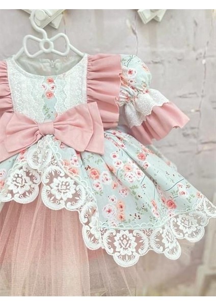 Somon Mint Çiçekli Vintage Kız Bebek Elbisesi, Özel Dikim indirimleri