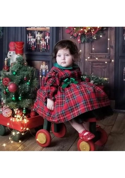 Yeşil Yakalı Ekose Kız Bebek Elbisesi,fotoğraf Çekim Elbisesi, 0-10 Yaşa Uygun