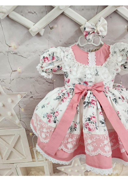 Beyaz Pembe Çiçek Vintage Kız Bebek Doğum Günü Fotoğraf Çekim Elbise modelleri