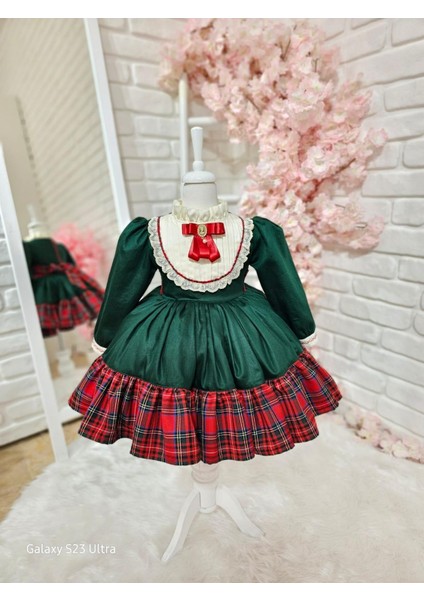 Yeşil Ekoseli Kız Bebek Elbisesi