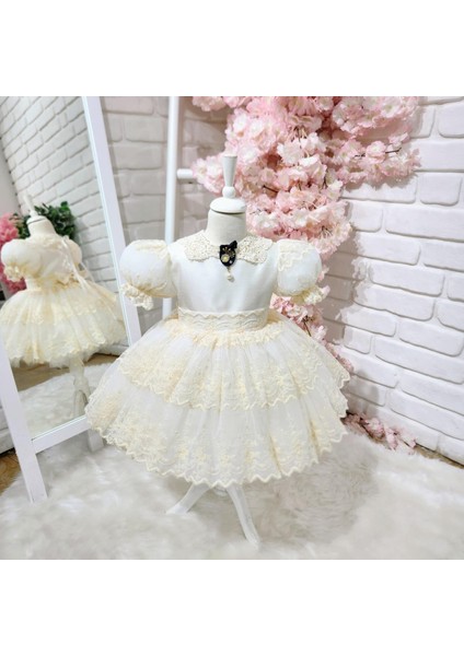 Krem Dantelli Vintage Elbise,doğum Günü Elbise,fotoğraf Çekim Elbise,0-10 Yaş Uygun