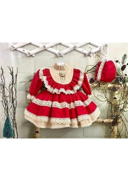 Kırmızı Krem Vintage Kız Bebek Elbisesi, Özel Dikim Kız Çocuk Elbisesi, Doğum günü elbisesi, fotoğraf çekim elbisesi, Kız Bebek Hediyesi, 0-12 Yaşa Uygun