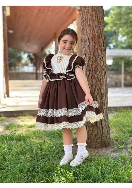 Verona Kahverengi Vintage Kız Bebek Elbisesi, Doğum Günü Elbisesi, Fotoğraf Çekim Elbisesi,0-13 Yaşa Uygun