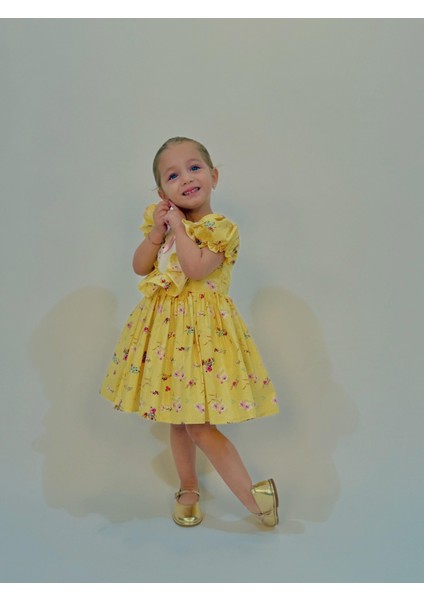 Defne Sarı Vintage Kız Bebek Elbise,doğum Günü Elbise,fotoğraf Çekim Elbise,0-7 Yaş Uygun