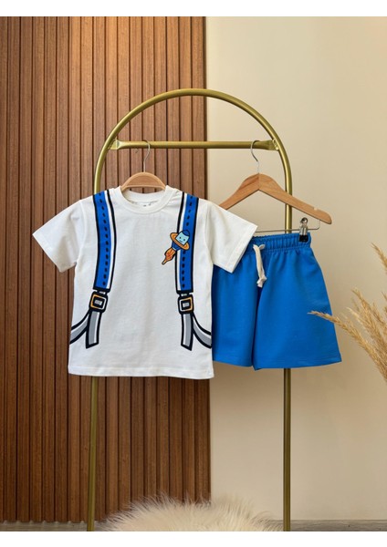 Erkek Çocuk Pamuklu Beyaz Sırt Çantalı Baskılı T-Shirt ve Mavi Şort Takım modelleri