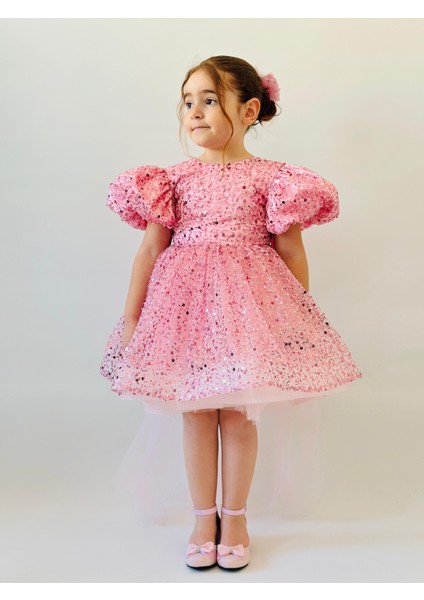 Pembe Taşlı Vintage Kız Bebek Elbise,doğum Günü Elbise,fotoğraf Çekim Elbise,1-11 Yaş Uygun