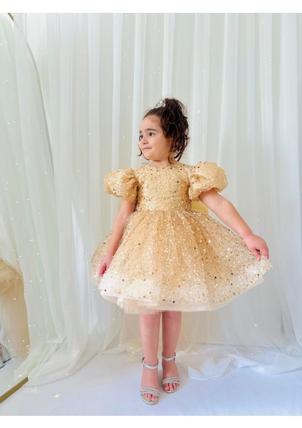 Altın Sarısı Taşlı Vintage Kız Bebek Elbise,doğum Günü Elbise,fotoğraf Çekim Elbise,1-11 Yaş Uygun