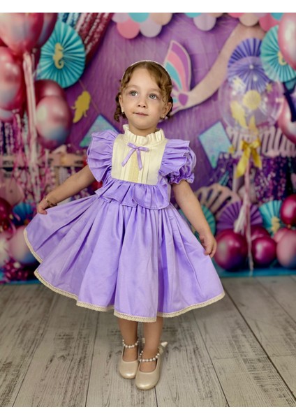 Defne Lila Fiyonklu Vintage Kız Bebek Elbise,doğum Günü Elbise,fotoğraf Çekim Elbise,0-7 Yaş Uygun modelleri
